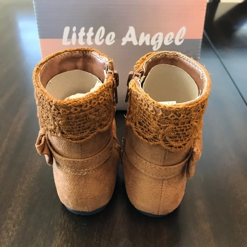 Little Angel Suede Camel Lace &Bow Toddler Boots